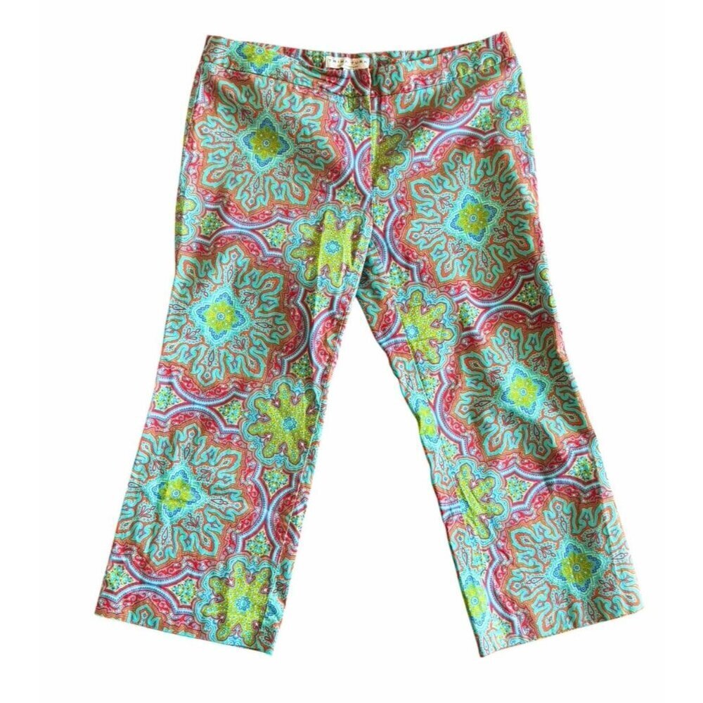 Trina Turk Women's Sz 12 Cropped Wide Leg Blue Red Floral Paisley Pants USA